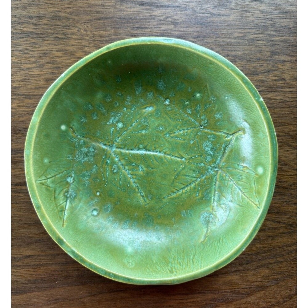 Vintage Studio Pottery Green Bowl, Impressed Leaf Design, Mid Century Pottery